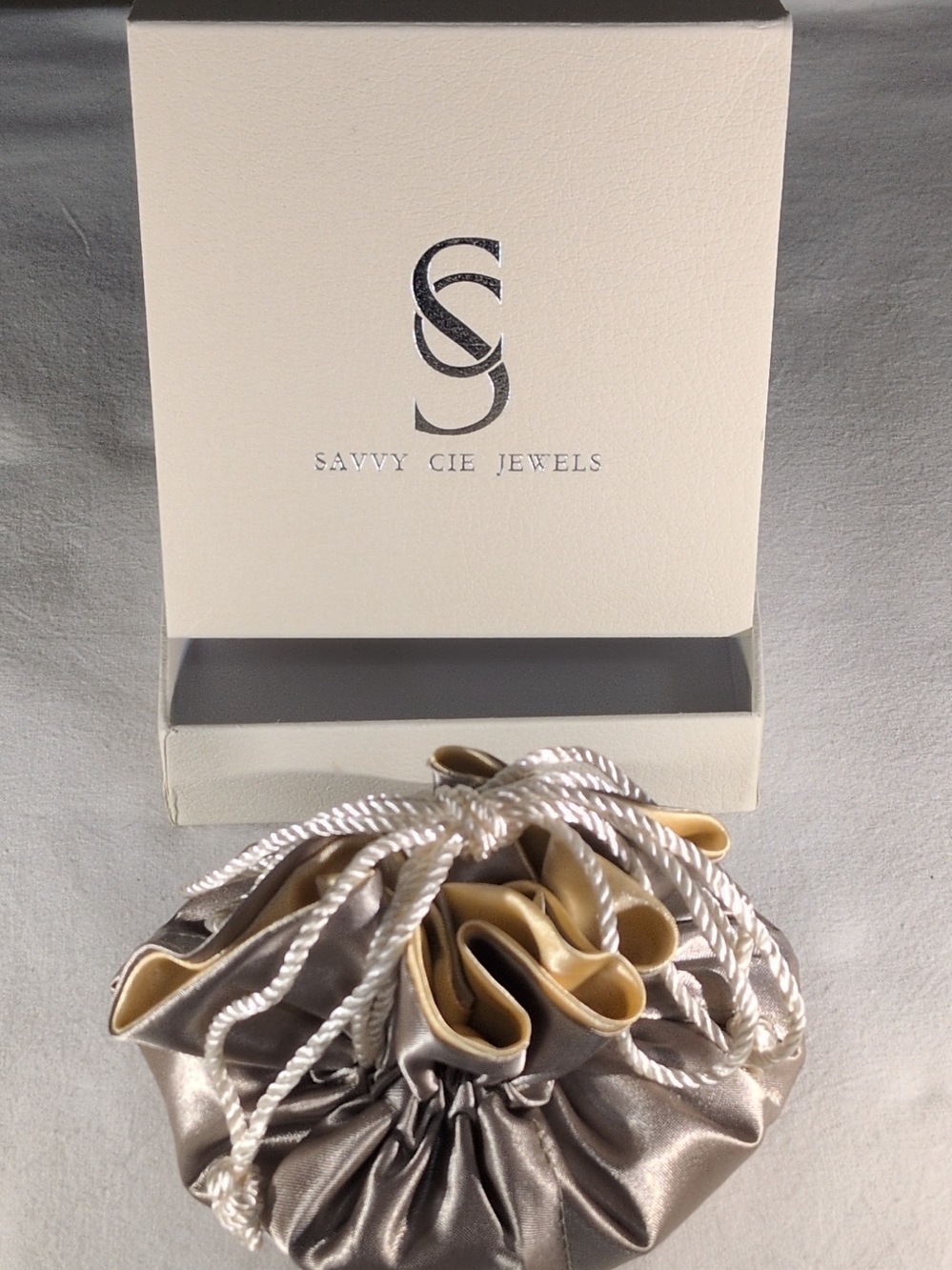 Savvy Cie Satin Drawstring Pouch in Silver and Champagne Gold